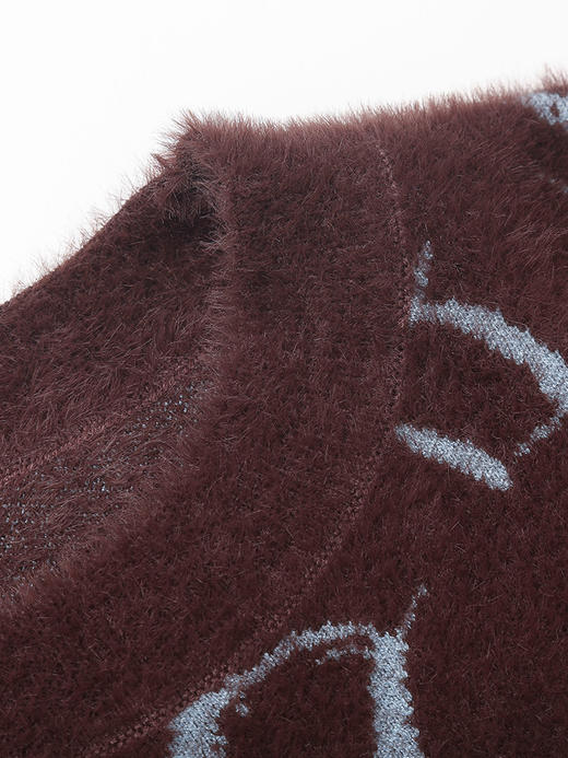 潮趣氛围感 深棕色毛绒质感圆领毛衣 手绘风字母卡通涂鸦满印设计休闲针织衫 商品图2