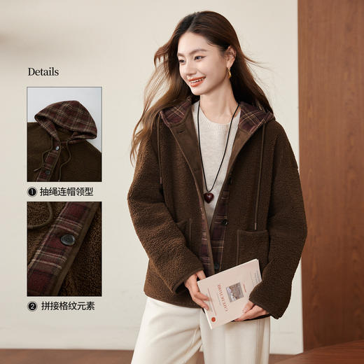 【12/24新品5.3折】熙世界独特漂亮的羊羔毛绒外套女冬季慵懒风连帽皮毛一体保暖上衣 商品图1