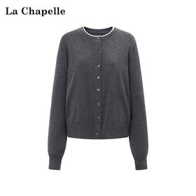 天猫同步【基础款时髦look~】拉夏贝尔/La Chapelle绵羊毛+桑蚕丝圆领花边针织开衫慵懒毛衣设计感上衣