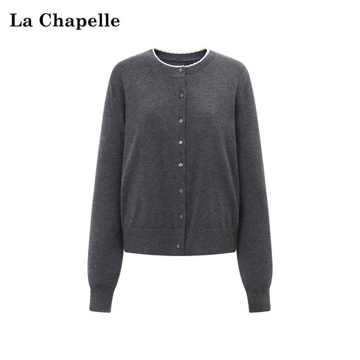 天猫同步【基础款时髦look~】拉夏贝尔/La Chapelle绵羊毛+桑蚕丝圆领花边针织开衫慵懒毛衣设计感上衣 商品图0