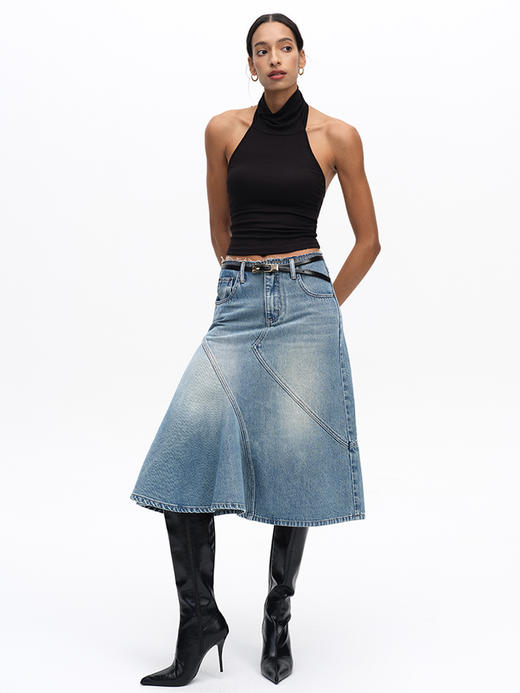 TR她热 几何裁片 蓝色复古水洗分割设计感不规则鱼尾牛仔半裙 商品图1