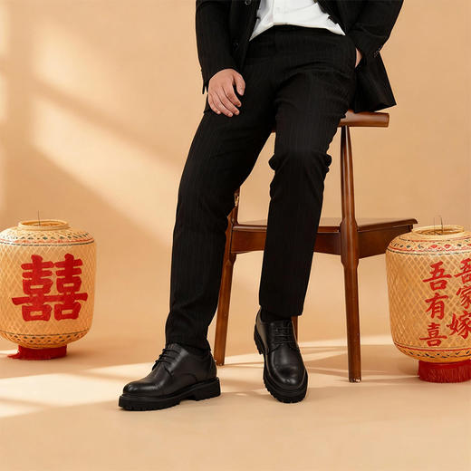 舒乐高男鞋皮鞋男款内增高10cm商务正装鞋男真皮德比鞋厚底结婚鞋 商品图3