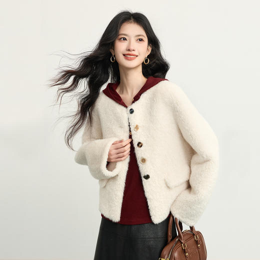 【年货节】熙世界半开襟连帽卫衣女2025秋冬新款慵懒风宽松磨绒红色打底上衣 商品图3