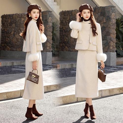 HR ABS25213小香风羽绒服套装气质富家千金狐狸毛毛呢套装裙 商品图4