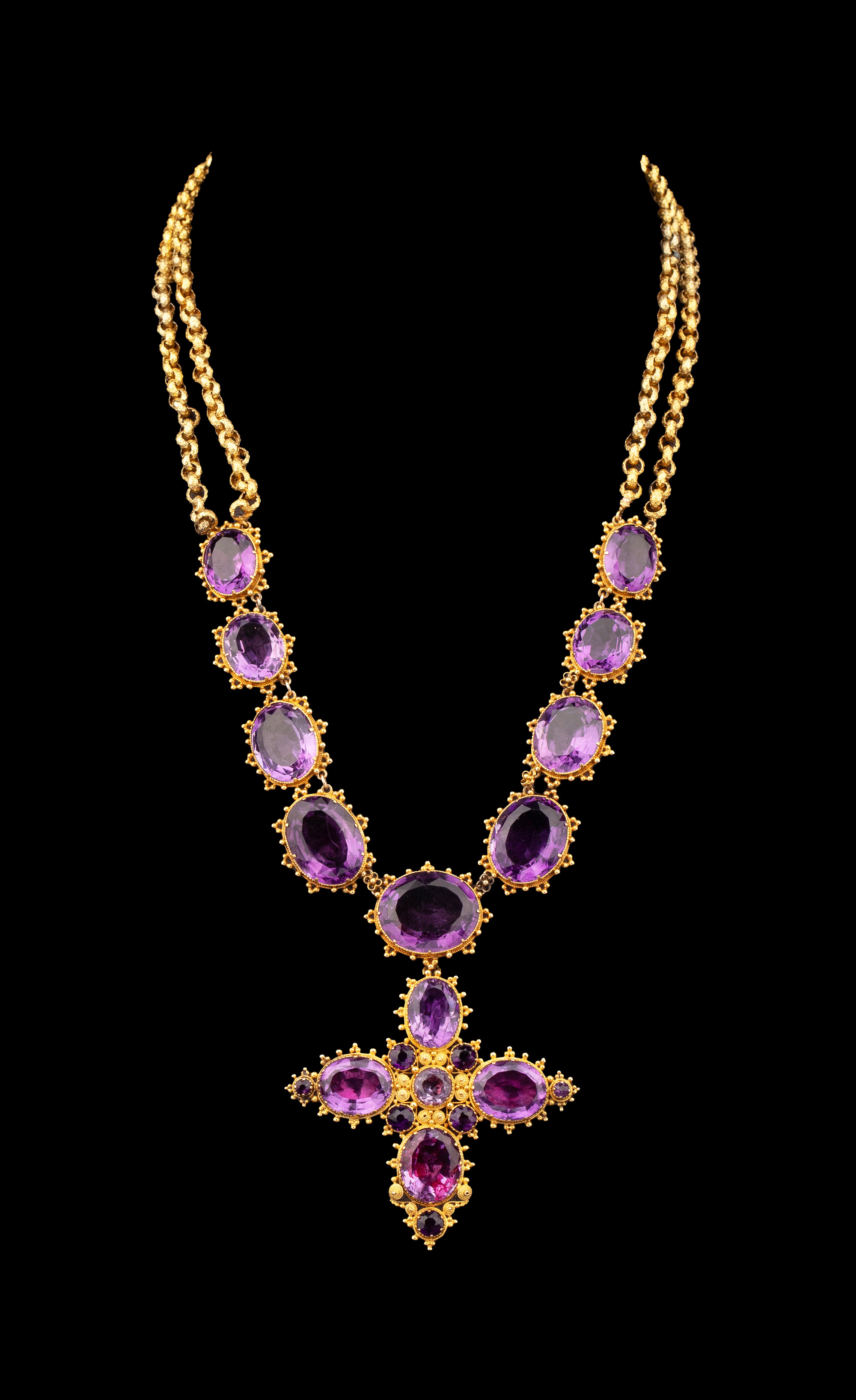 独角鹿西洋古董19世纪欧洲出品十字架造型滚珠卷草纹18K黄金精雕镶嵌可拆卸式紫水晶吊坠项链