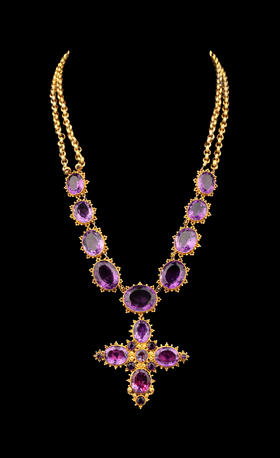 独角鹿西洋古董19世纪欧洲出品十字架造型滚珠卷草纹18K黄金精雕镶嵌可拆卸式紫水晶吊坠项链