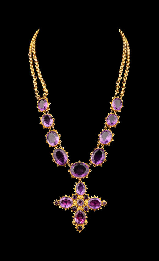 独角鹿西洋古董19世纪欧洲出品十字架造型滚珠卷草纹18K黄金精雕镶嵌可拆卸式紫水晶吊坠项链 商品图0