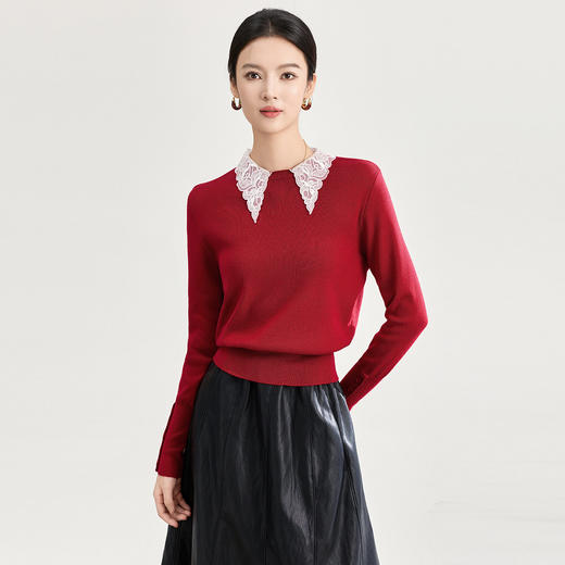 「高货wl」全新升级【铂金会员183/天猫239/差价56】(04229)洛诗琳蕾丝刺绣领针织衫2025秋冬绵羊毛混纺打底上衣女 商品图0
