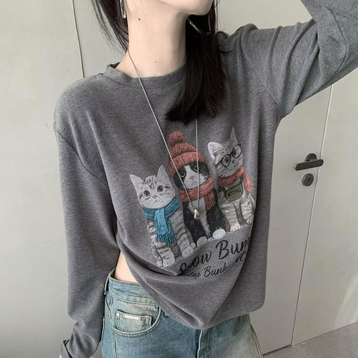 【专柜高品质设计师款】秋冬重磅350G加厚澳绒长袖衫 卡通猫咪印花韩版圆领保暖内搭 商品图0