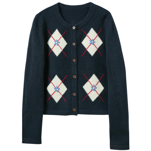 三彩2026春季新款花朵撞色菱格纹针织衫长袖圆领开衫外套上衣S 商品图4