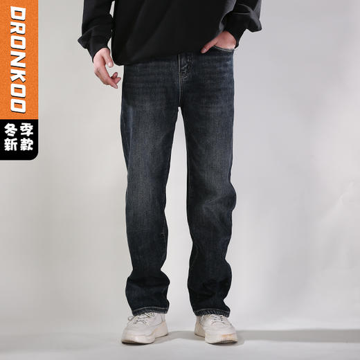 DRONKOO 2025 正常腰左袋右后袋白绣线藏青皮标一体绒厚牛仔长裤 商品图0
