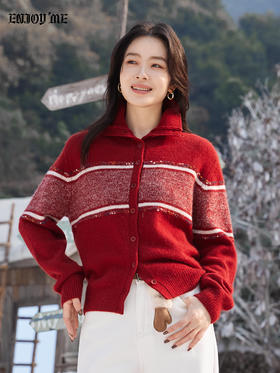 【门店同款】ENJOY冬季“游牧漫寻”宽条撞色针织开衫 168645435