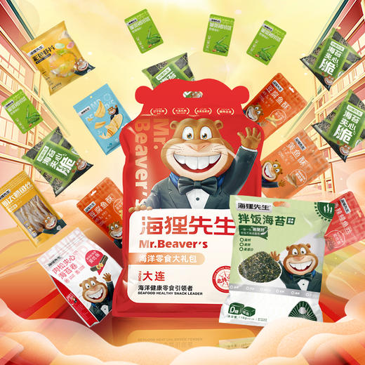 海狸先生零食大礼包礼盒 拌饭海苔/鱿鱼条/仿龙虾球/卤汁带鱼/香辣鳗鱼丝/生虾片/烤鳕鱼片/爆浆鱼蛋/肉松夹心海苔 年货送礼 商品图1