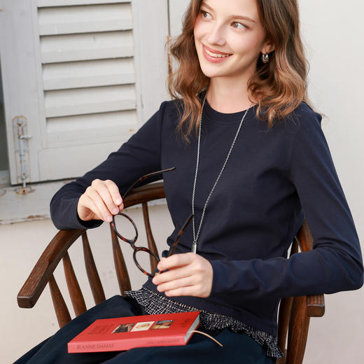 三彩2026春季新款木耳边格子拼接长袖打底衫T恤套头上衣修身M 商品图2