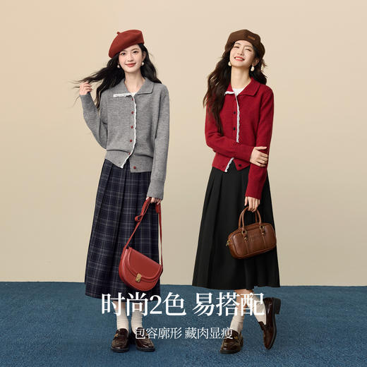 【12/24新品6.5折】熙世界设计感韩系蕾丝花边针织开衫女长袖漂亮翻领毛衣2025秋冬款 商品图2