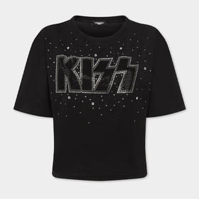 DSQUARED2 女士水钻 KISS 徽标棉质圆领短袖T恤 黑色 S72GD0611 D20035 900