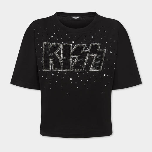 DSQUARED2 女士水钻 KISS 徽标棉质圆领短袖T恤 黑色 S72GD0611 D20035 900 商品图0