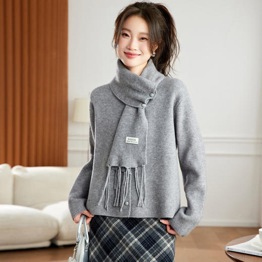 CC 2237韩系圆领毛衣外套流苏围巾宽松针织开衫 商品图3