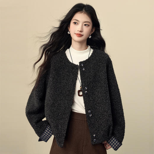 【12/24新品6.5折】熙世界小香风深灰色羊圈呢外套女冬季高级感格子拼接短款毛呢大衣 商品图4