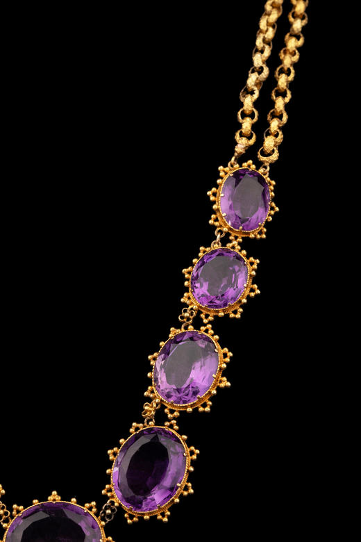 独角鹿西洋古董19世纪欧洲出品十字架造型滚珠卷草纹18K黄金精雕镶嵌可拆卸式紫水晶吊坠项链 商品图5