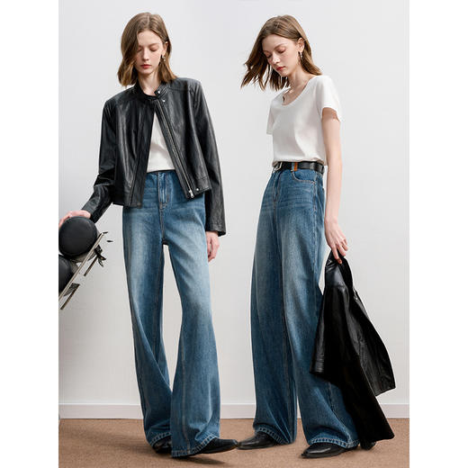 三彩2026春季新款休闲牛仔裤中腰宽松阔腿裤长裤通勤Z 商品图2