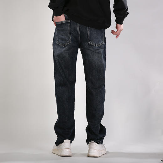 DRONKOO 2025 正常腰左袋右后袋白绣线藏青皮标一体绒厚牛仔长裤 商品图4