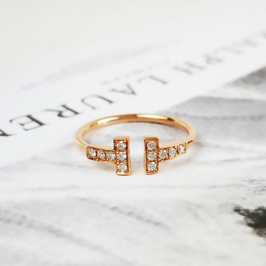 【95新】Tiffany & Co.蒂芙尼Tiffany T系列18K玫瑰金镶钻双T开口线圈戒指55号女士121225TJ18 商品图3