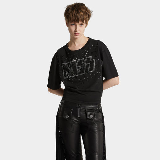 DSQUARED2 女士水钻 KISS 徽标棉质圆领短袖T恤 黑色 S72GD0611 D20035 900 商品图2