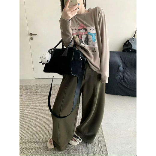 【专柜高品质设计师款】秋冬重磅350G加厚澳绒长袖衫 卡通猫咪印花韩版圆领保暖内搭 商品图1