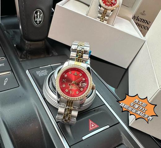 D122418明媚热烈波尔多酒红表盘精钢间金满钻手表 商品图5