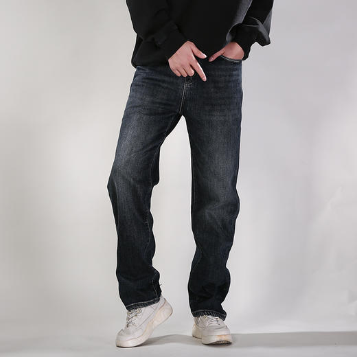DRONKOO 2025 正常腰左袋右后袋白绣线藏青皮标一体绒厚牛仔长裤 商品图1