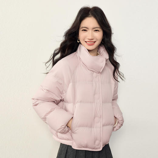【12/24新品6.5折】熙世界茧型泡芙羽绒服女士短款90白鸭绒立领粉色外套2025冬季新款 商品图3