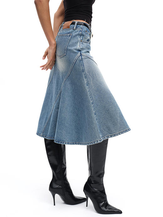 TR她热 几何裁片 蓝色复古水洗分割设计感不规则鱼尾牛仔半裙 商品图2