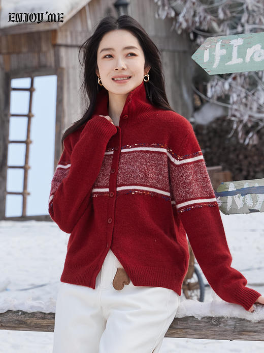 【门店同款】ENJOY冬季“游牧漫寻”宽条撞色针织开衫 168645435 商品图2