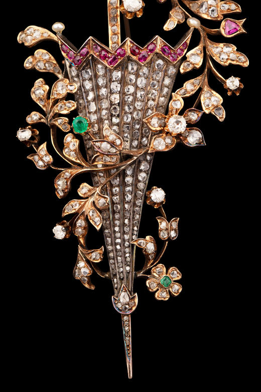独角鹿西洋古董19世纪欧洲出品花叶雨伞造型黄金底纯银镶嵌钻石红宝石及祖母绿胸针 商品图4