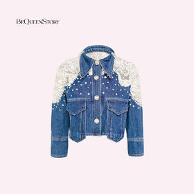 【孤品样衣，不退不换】【浪漫幻影】重工拼接蕾丝手缝亮片珍珠七分袖短款牛仔棉外套