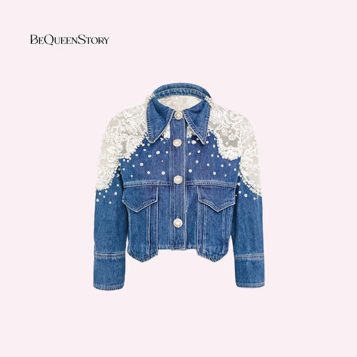【孤品样衣，不退不换】【浪漫幻影】重工拼接蕾丝手缝亮片珍珠七分袖短款牛仔棉外套 商品图0