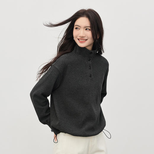 【12/24新品6.5折】熙世界韩里韩气红色加绒卫衣女士秋冬半高领格子拼接长袖宽松上衣 商品图3