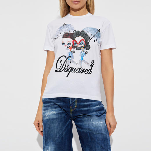 DSQUARED2 女士徽标贴片棉质圆领短袖T恤 白色 S72GD0613 D20020 100 商品图1
