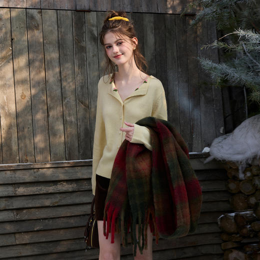 三彩2026春季新款花朵翻领针织衫毛衫简约长袖开衫外套休闲M 商品图1