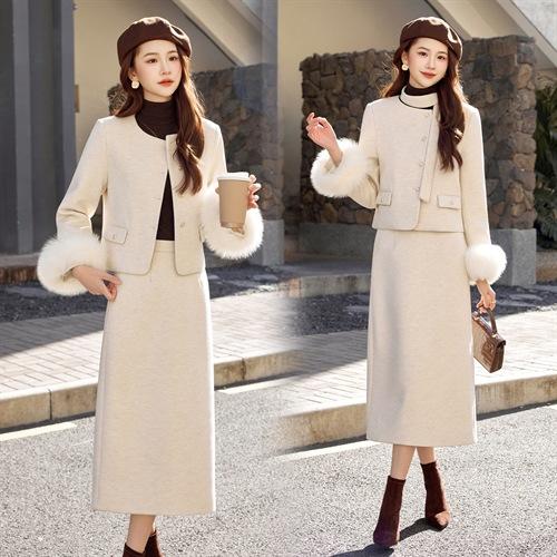 HR ABS25213小香风羽绒服套装气质富家千金狐狸毛毛呢套装裙 商品图2