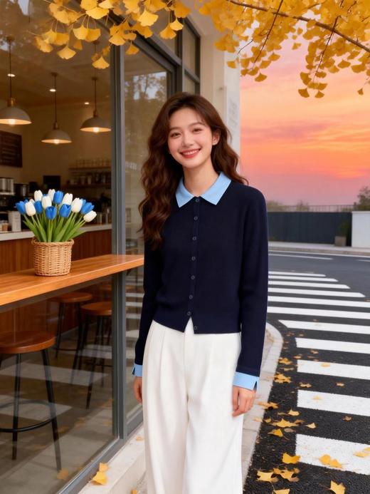 D122426冬季新款时尚撞色翻领针织衫显瘦开衫上衣 商品图8