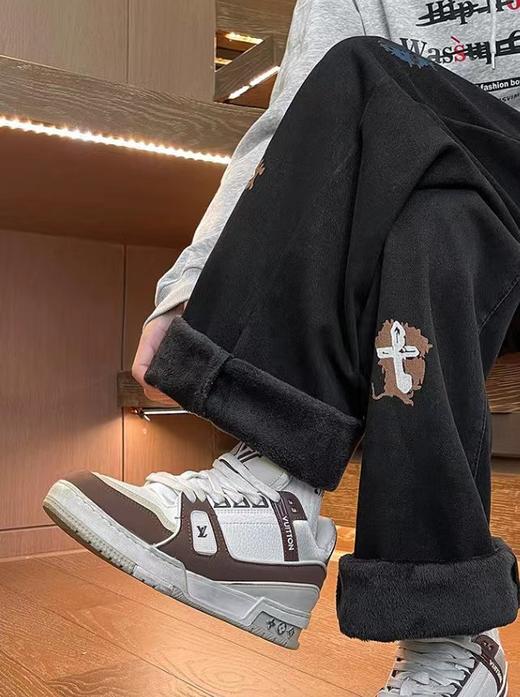 D122425加绒加厚冬季美式高街侧边十字架抽绳卫裤休闲牛仔裤 商品图2