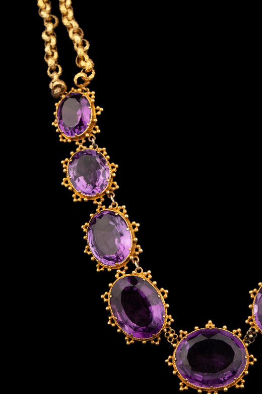 独角鹿西洋古董19世纪欧洲出品十字架造型滚珠卷草纹18K黄金精雕镶嵌可拆卸式紫水晶吊坠项链 商品图4