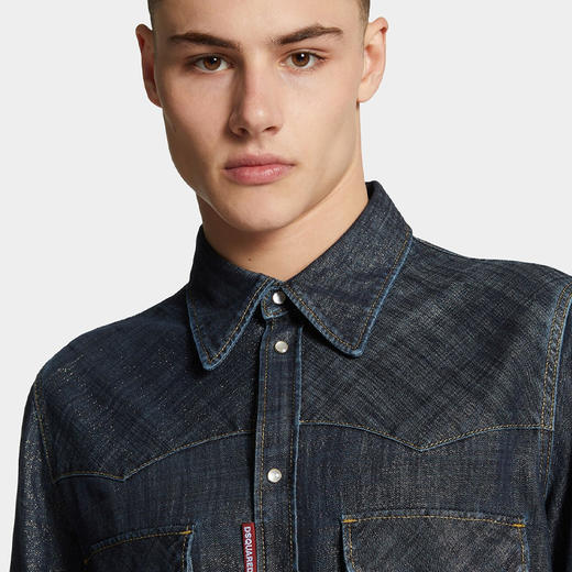 DSQUARED2 男士字母徽标标签牛仔长袖衬衫 深蓝色 S71DM0793 D30021 470 商品图4