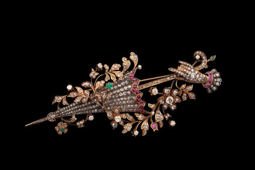 独角鹿西洋古董19世纪欧洲出品花叶雨伞造型黄金底纯银镶嵌钻石红宝石及祖母绿胸针 商品图1