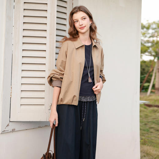 三彩2026春季新款木耳边格子拼接长袖打底衫T恤套头上衣修身M 商品图3