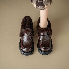 【预售5天】真皮厚底单鞋加绒乐福鞋女秋冬新款毛毛鞋百搭高跟小皮鞋XMN&3759