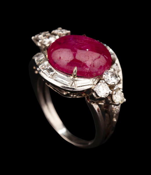 独角鹿西洋古董20世纪法国出品花簇式造型铂金镶嵌缅甸无烧红宝石及钻石戒指 商品图3