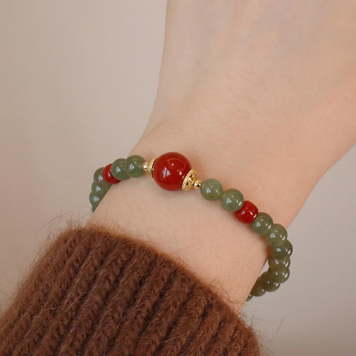 【和田玉红玛瑙手串】敦煌福泽天然和田玉手串红玛瑙手链国风轻奢串珠手链高级感 商品图0